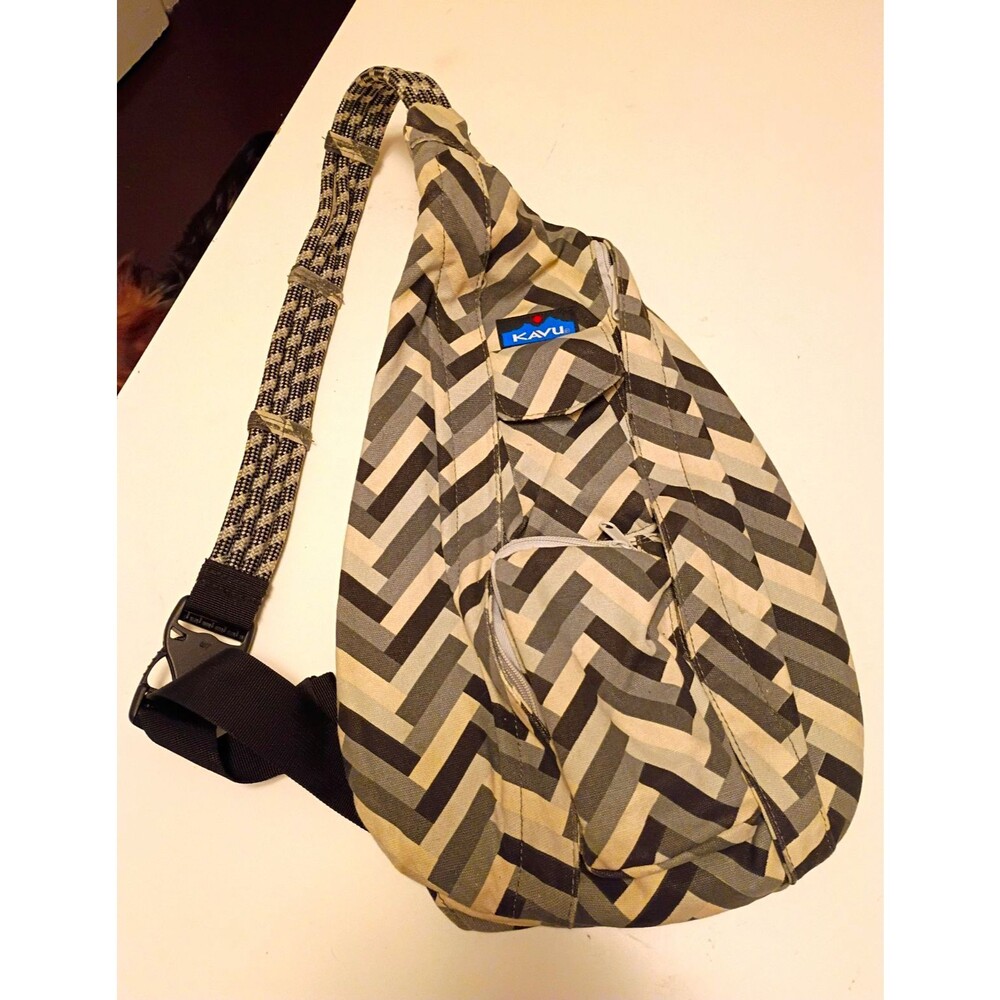 KAVU Canvas Cotton Crossbody Sling Bag Geometric Gray/Beige/Black Pockets